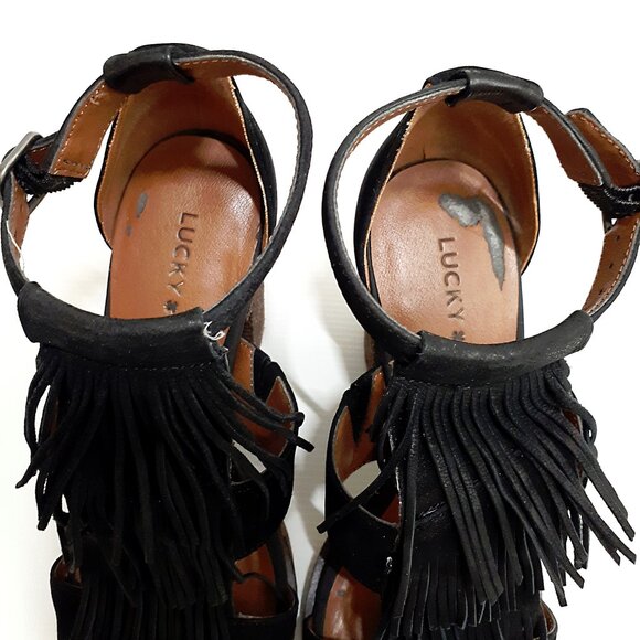 LUCKY BRAND Leesha Fringe T-strap Sandals with Block Heel in Black Suede Leather - Picture 4 of 13